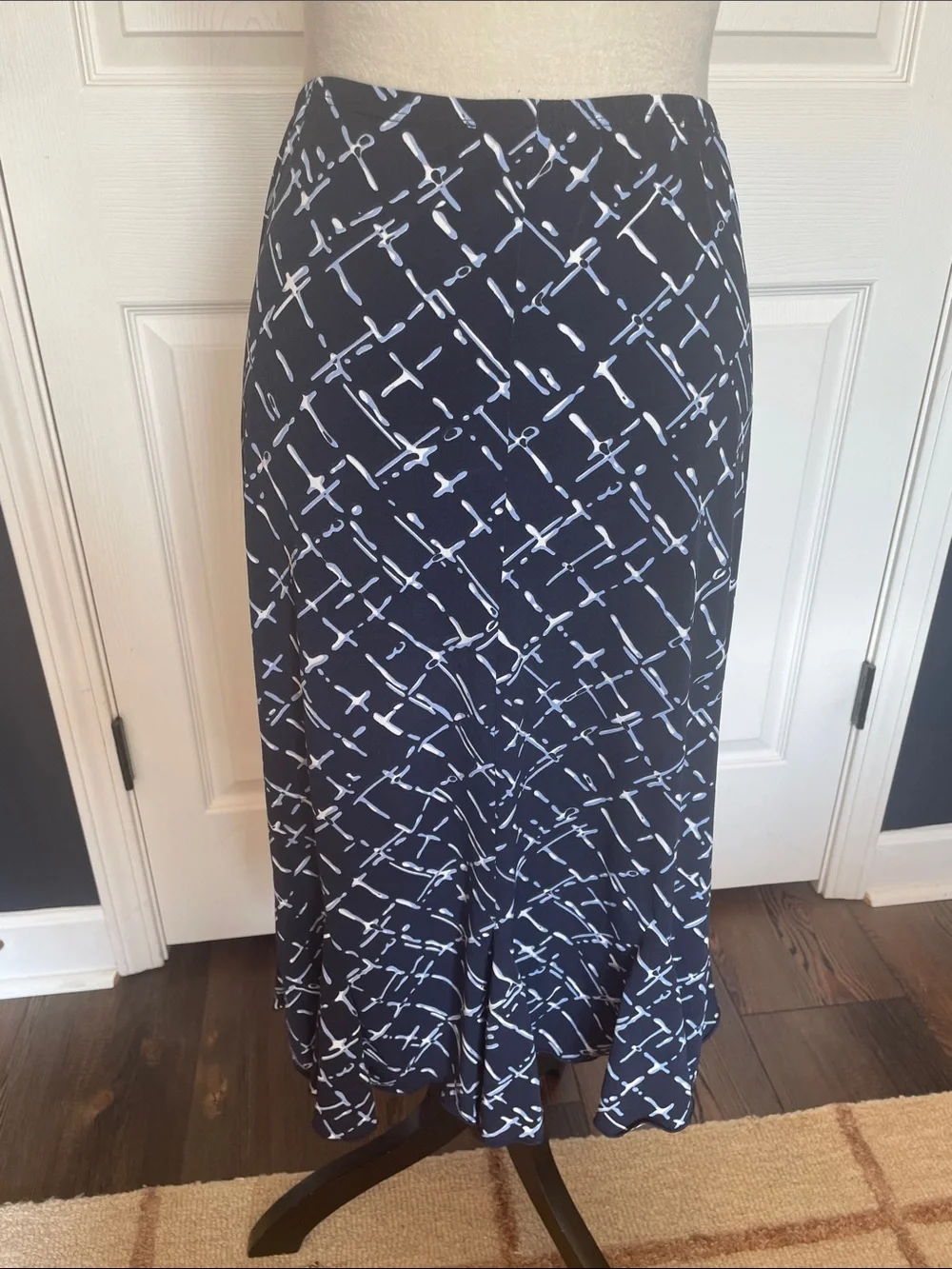 Dialogue Abstract Geometric Print Midi Skirt Ruffle Hem Navy Blue Size Medium